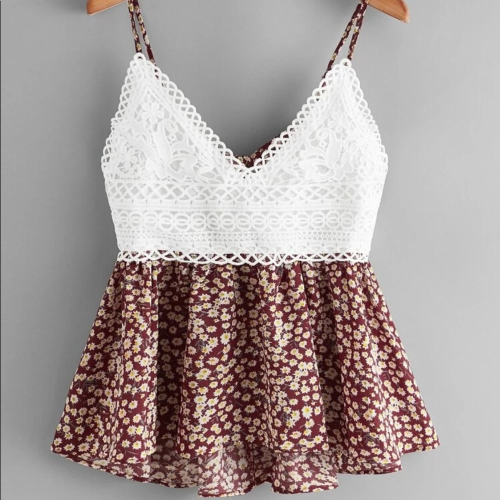 Contrast Lace Ditsy Floral Tie Back Cami Top